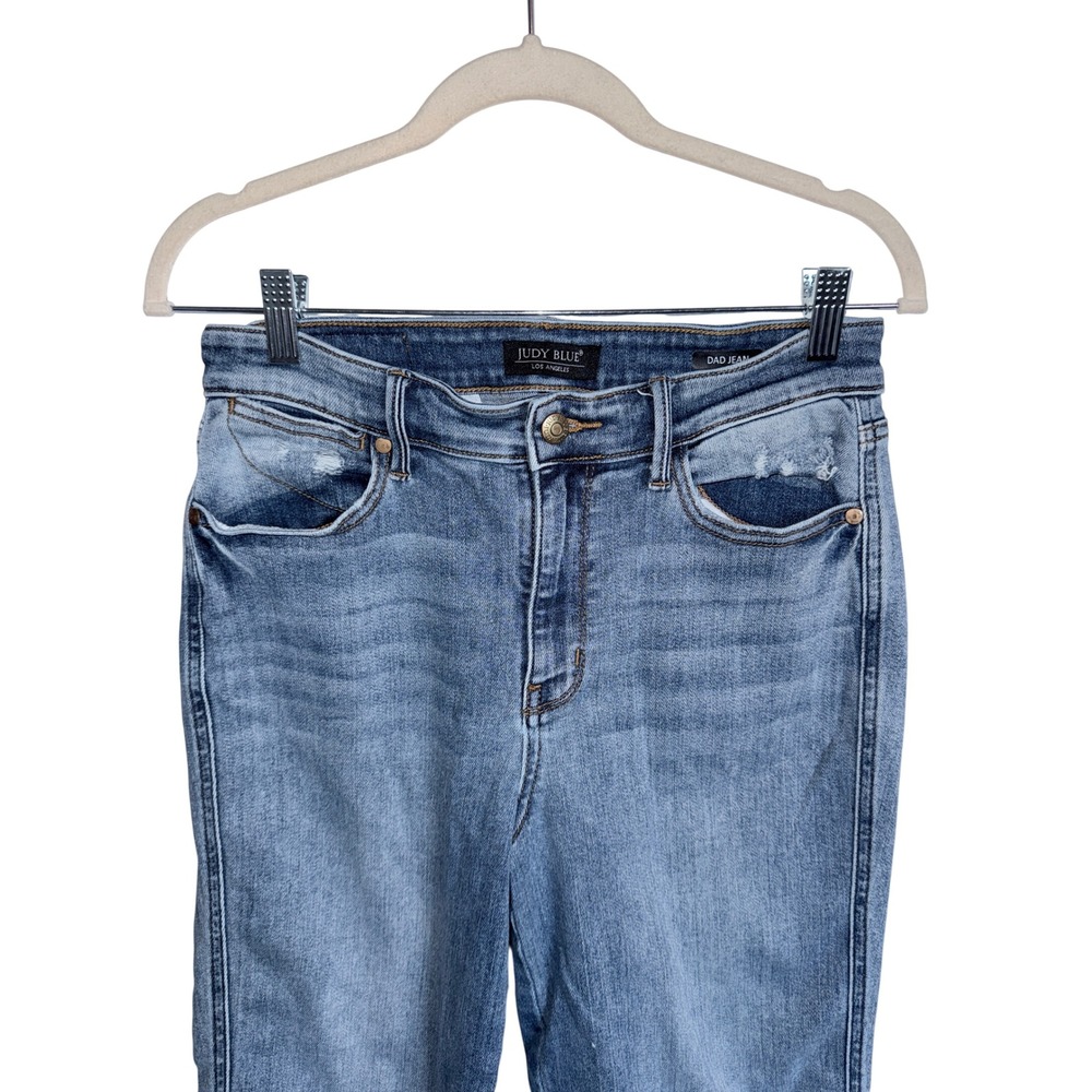Judy Blue High Rise Dad Jean Medium Wash Distressed Raw Hem Size 9/29 Womens - Picture 5 of 12